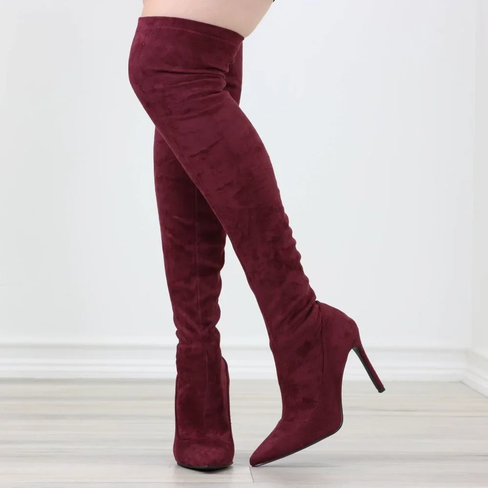 Wine Women's Thigh High Boots Faux Suede Pointed Toe Stilettos - Picture 4 of 15